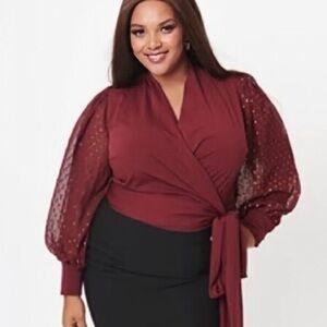NWT Unique Vintage Burgundy & Gold Dot Giselle Wrap Top Sz 4X